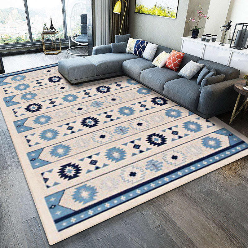 Sikunuo | Blue and brown tribal rug striped polyester and tribal pattern rug washable non-slip backing rug for living room