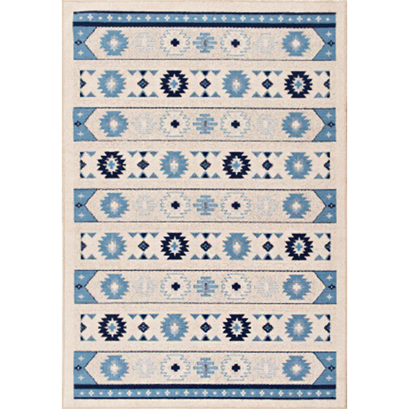 Sikunuo | Blue and brown tribal rug striped polyester and tribal pattern rug washable non-slip backing rug for living room