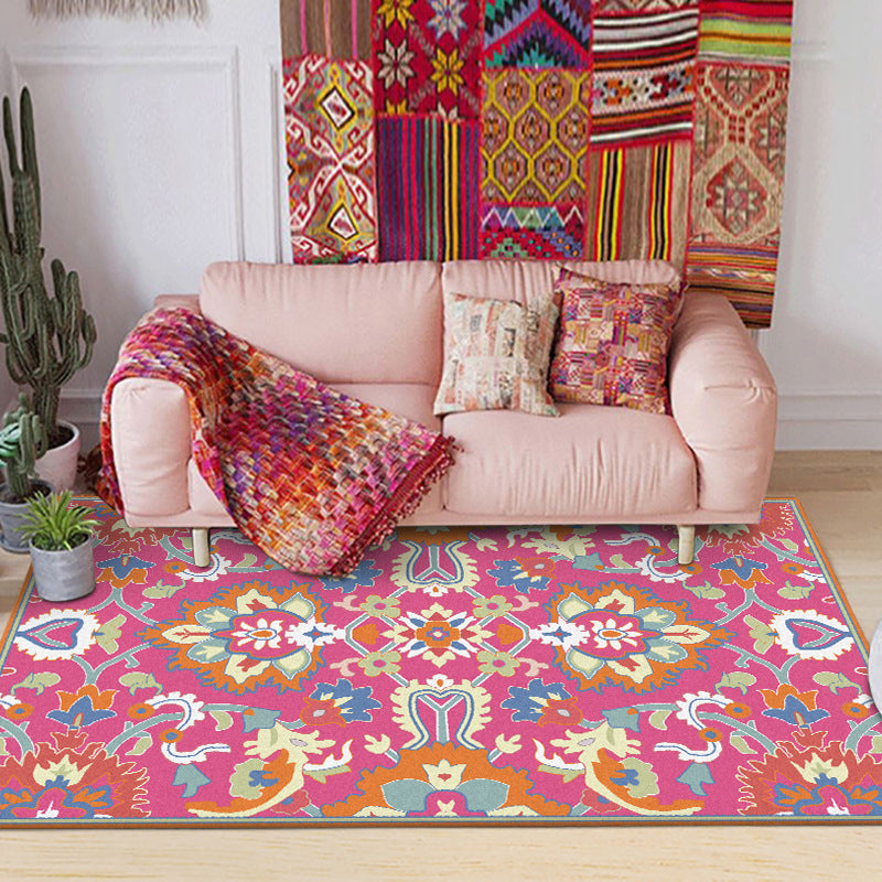 Sikunuo | Mediterranean Flower Pattern Carpet Pink Polyester Carpet Machine Washable Non-Slip Area Rug for Living Room