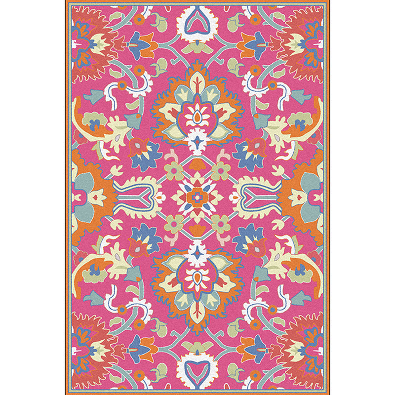 Sikunuo | Mediterranean Flower Pattern Carpet Pink Polyester Carpet Machine Washable Non-Slip Area Rug for Living Room