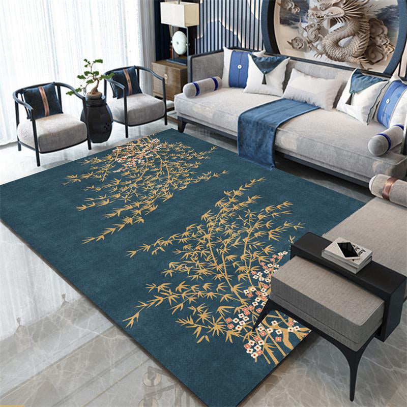 Sikunuo | Retro Leaf Pattern Rug Navy Oriental Rug Polyester Washable Non-Slip Back Rug for Bedroom