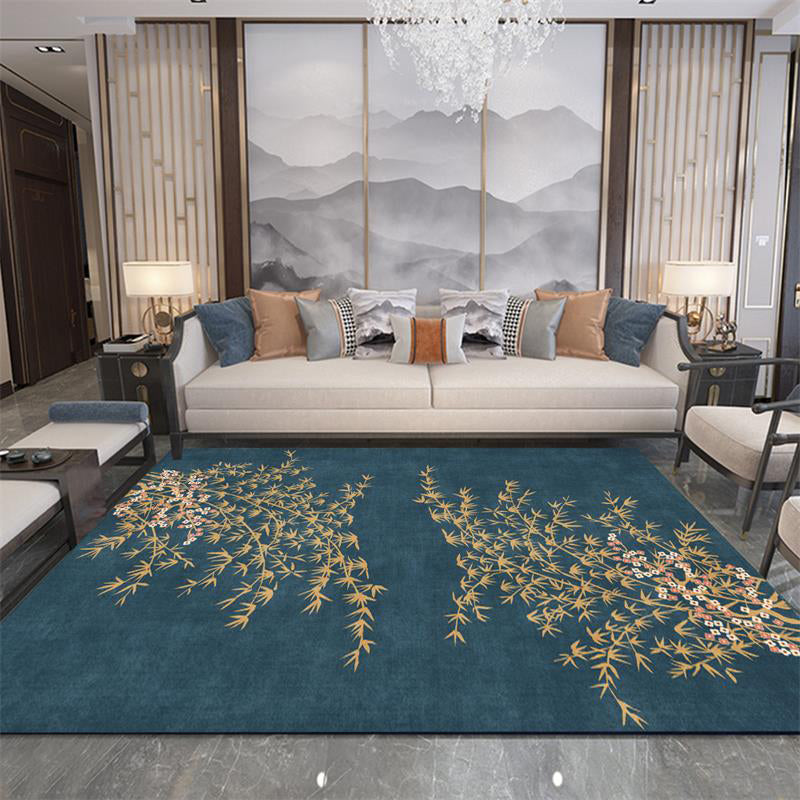 Sikunuo | Retro Leaf Pattern Rug Navy Oriental Rug Polyester Washable Non-Slip Back Rug for Bedroom