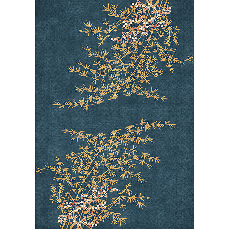 Sikunuo | Retro Leaf Pattern Rug Navy Oriental Rug Polyester Washable Non-Slip Back Rug for Bedroom