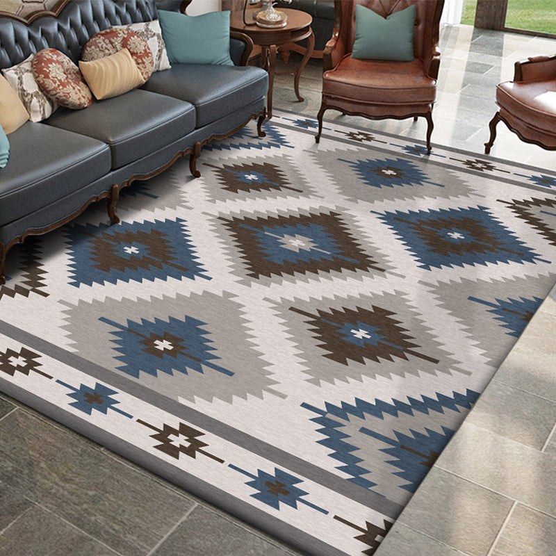 Sikunuo | Blue and Gray Southwest Rug Polyester geometric pattern rug washable non-slip bottom rug for living room