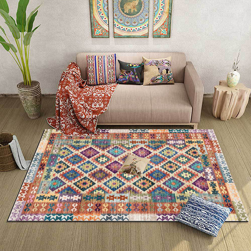 Sikunuo | Yellow Persian Carpet Polyester Geometric and Check Pattern Carpet Washable Non-Slip Backing for Living Room