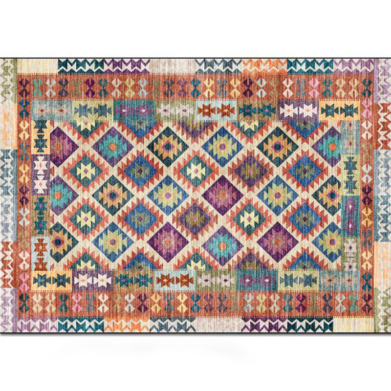 Sikunuo | Yellow Persian Carpet Polyester Geometric and Check Pattern Carpet Washable Non-Slip Backing for Living Room