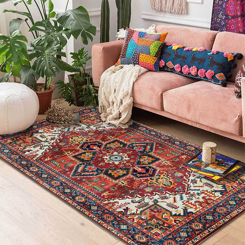 Sikunuo | Retro Medallion Pattern Carpet Red Persian Carpet Polyester Machine Washable Non-Slip Area Rug for Bedroom