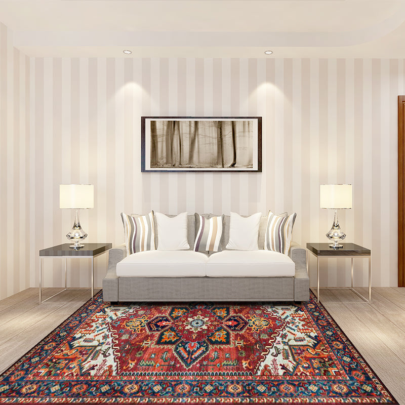 Sikunuo | Retro Medallion Pattern Carpet Red Persian Carpet Polyester Machine Washable Non-Slip Area Rug for Bedroom