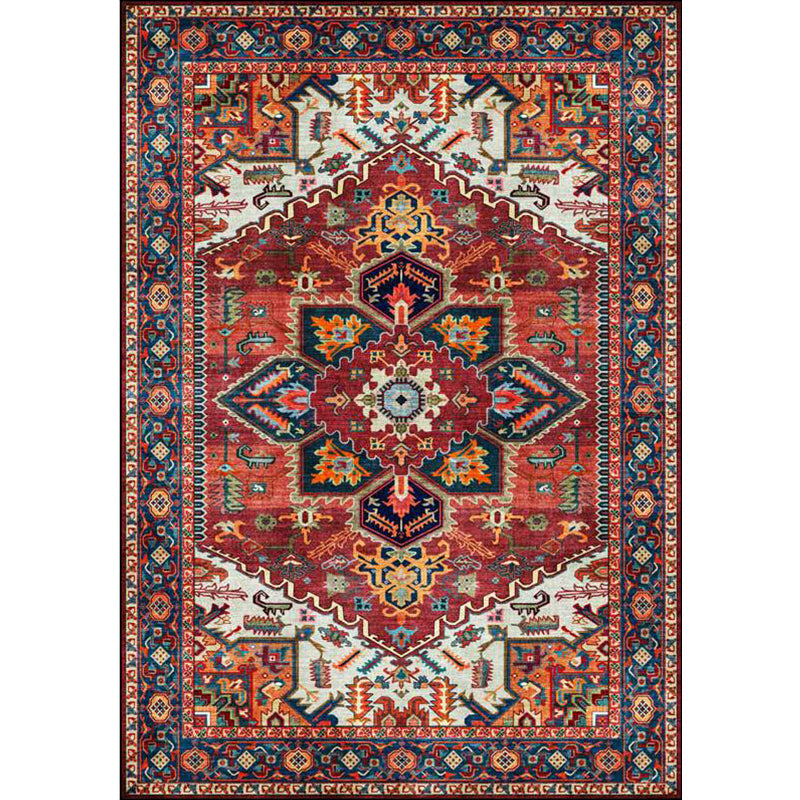 Sikunuo | Retro Medallion Pattern Carpet Red Persian Carpet Polyester Machine Washable Non-Slip Area Rug for Bedroom