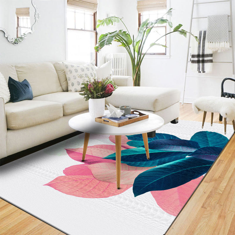 Sikunuo | Traditional Leaf Pattern Carpet Blue and Pink Polyester Carpet Machine Washable Non-Slip Carpet for the Bedroom