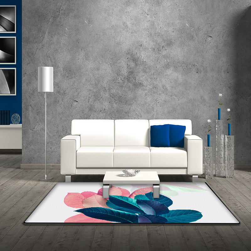 Sikunuo | Traditional Leaf Pattern Carpet Blue and Pink Polyester Carpet Machine Washable Non-Slip Carpet for the Bedroom