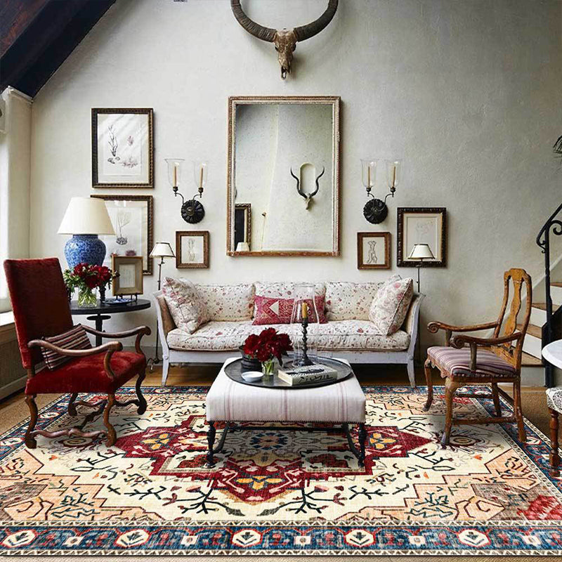 Sikunuo | Moroccan Medallion Print Rug Light Brown Polyester Rug Machine Washable Non-Slip From the Floor for the Living Room