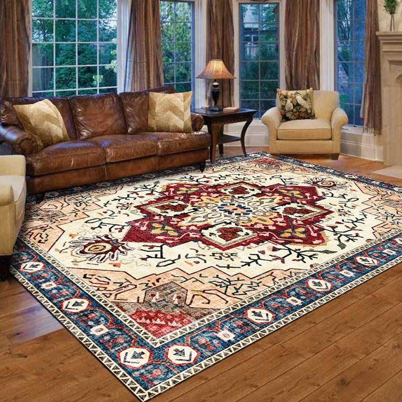 Sikunuo | Moroccan Medallion Print Rug Light Brown Polyester Rug Machine Washable Non-Slip From the Floor for the Living Room