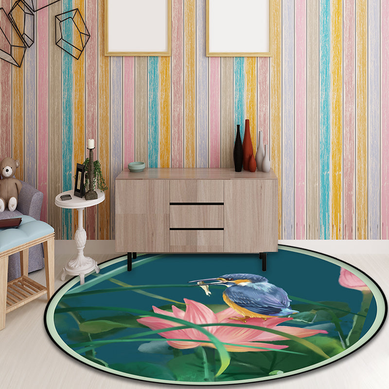 Sikunuo | Vintage Lotus Pattern Carpet with Bird and Leaf Green Polyester Carpet Machine Washable Non-Slip Area Rug for Living Room