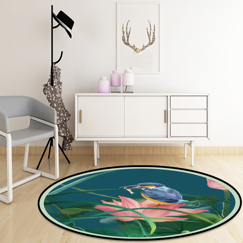 Sikunuo | Vintage Lotus Pattern Carpet with Bird and Leaf Green Polyester Carpet Machine Washable Non-Slip Area Rug for Living Room