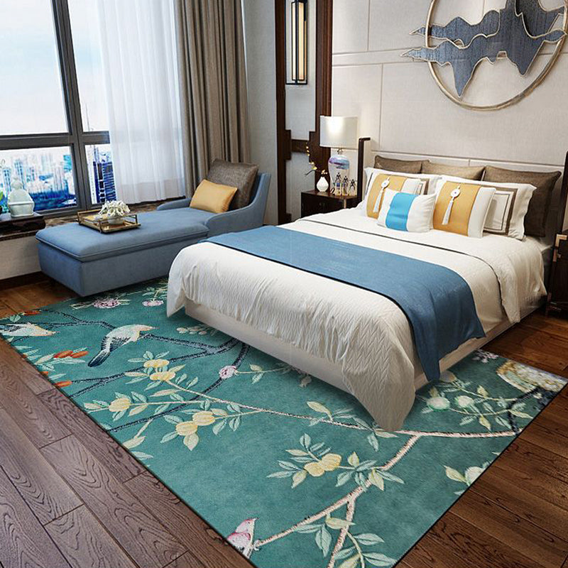 Sikunuo | Retro Leaf Pattern Carpet with floral and bird green Oriental carpet washable polyester non-slip underlay carpet for bedroom