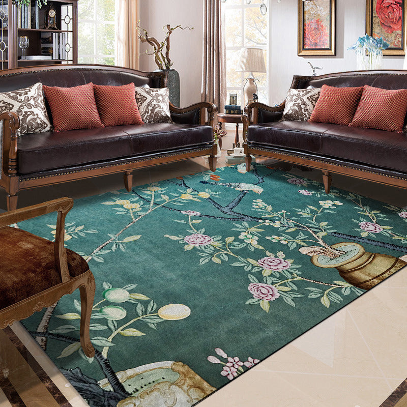 Sikunuo | Retro Leaf Pattern Carpet with floral and bird green Oriental carpet washable polyester non-slip underlay carpet for bedroom