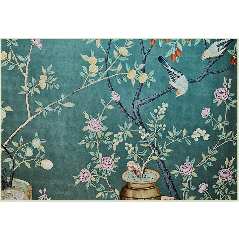 Sikunuo | Retro Leaf Pattern Carpet with floral and bird green Oriental carpet washable polyester non-slip underlay carpet for bedroom
