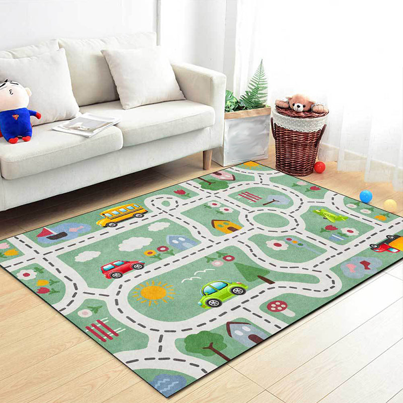 Sikunuo | Beautiful children's carpet in green with cars & roads, house, flowers, tree pattern, polyester, pet-friendly carpet for the children's room