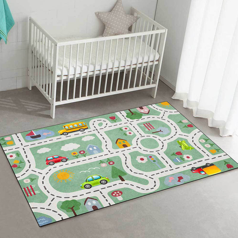 Sikunuo | Beautiful children's carpet in green with cars & roads, house, flowers, tree pattern, polyester, pet-friendly carpet for the children's room