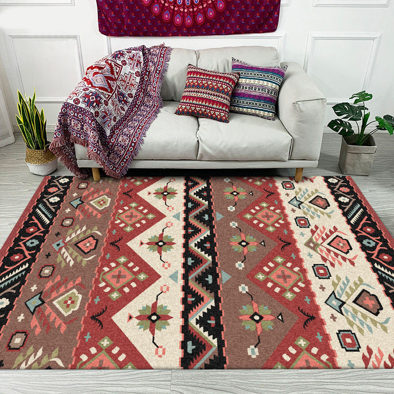 Sikunuo | Stylish Tribal Design Carpet Red Vintage Carpet Polyester washable Non-slip back Carpet for bedroom