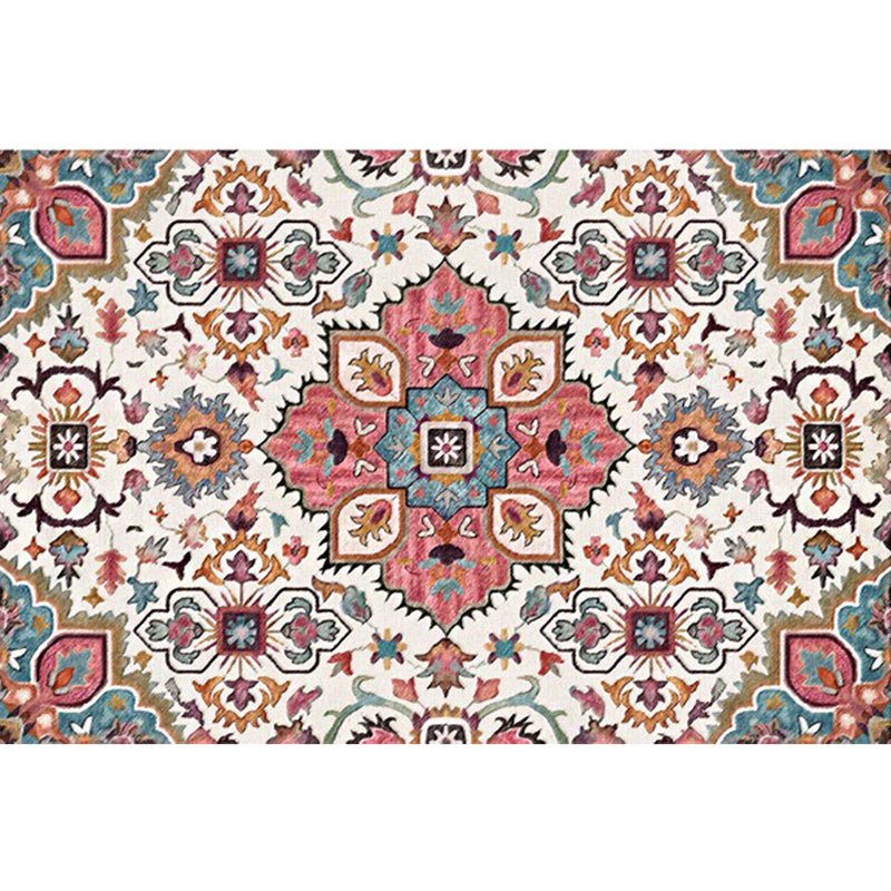 Sikunuo | Pink Mediterranean Carpet Polyester Flower and Medallion Pattern Carpet Washable Non-Slip Back Carpet for Living Room
