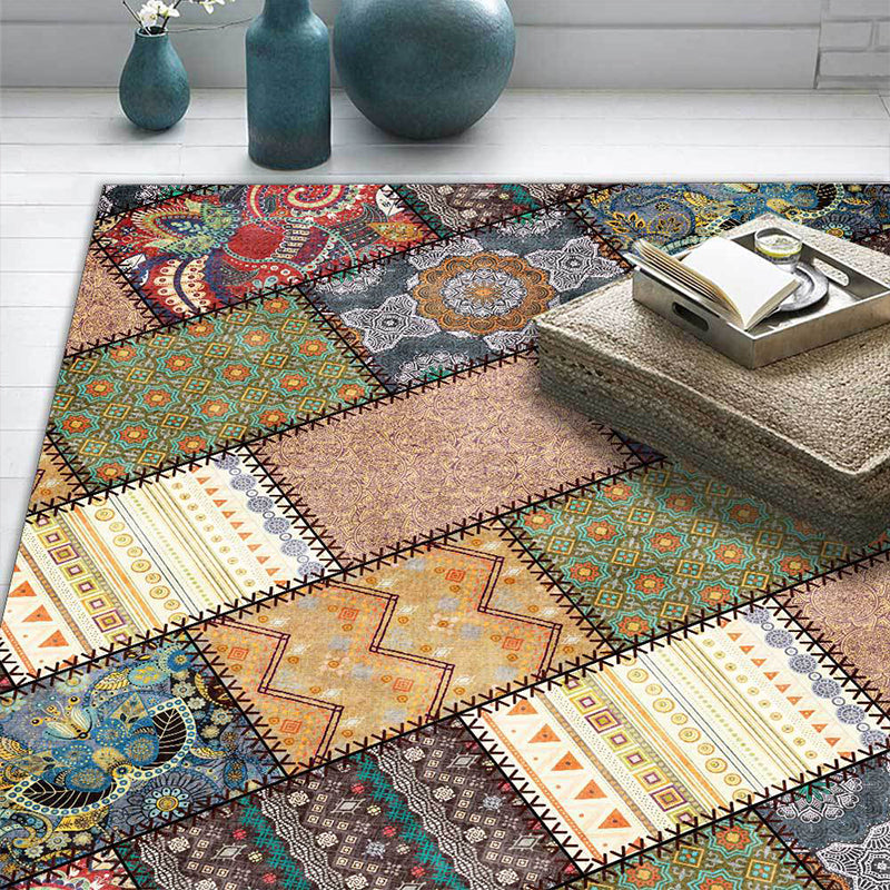 Sikunuo | Unique tribal pattern carpet red and gray vintage carpet polyester washable non-slip backing living room carpet for the bedroom