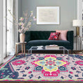 Sikunuo | Pink and Blue Mediterranean Carpet Polyester Medallion Pattern Carpet Washable Non-Slip Backing Carpet for Living Room