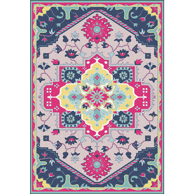 Sikunuo | Pink and Blue Mediterranean Carpet Polyester Medallion Pattern Carpet Washable Non-Slip Backing Carpet for Living Room