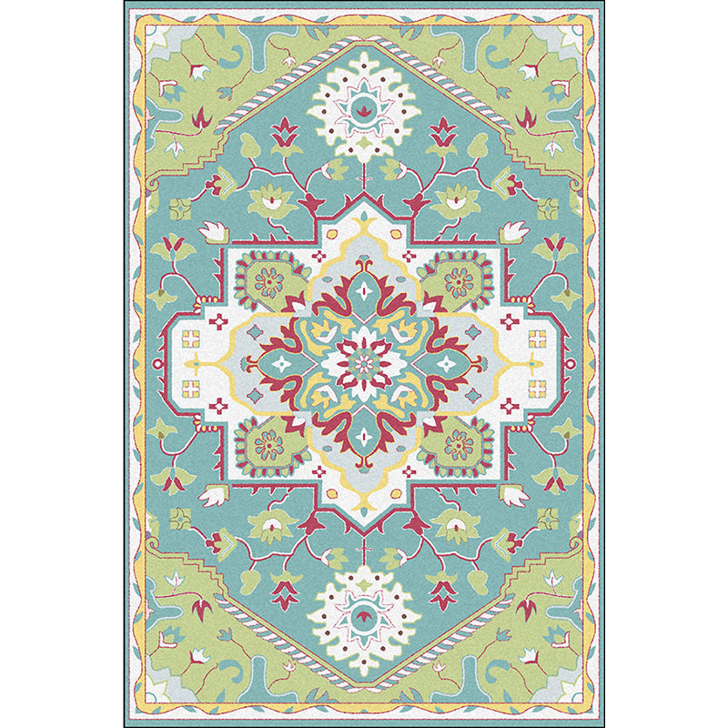 Sikunuo | Pink and Blue Mediterranean Carpet Polyester Medallion Pattern Carpet Washable Non-Slip Backing Carpet for Living Room