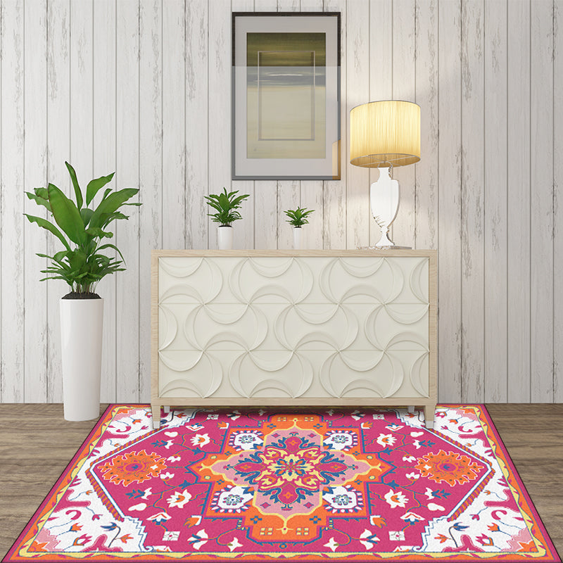 Sikunuo | Pink and Blue Mediterranean Carpet Polyester Medallion Pattern Carpet Washable Non-Slip Backing Carpet for Living Room