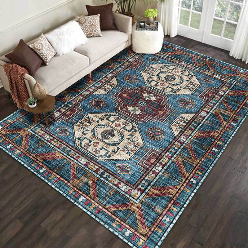 Sikunuo | Moroccan Medallion Pattern Rug Blue Polyester Rug Machine Washable Non-Slip Area Rug for Living Room