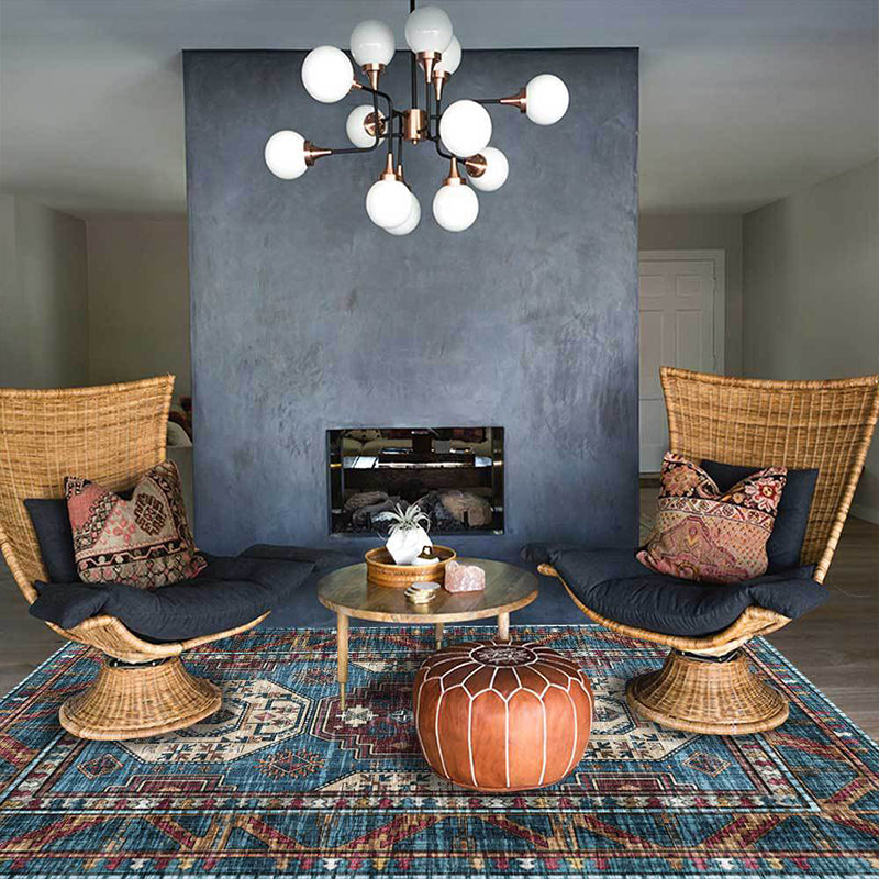 Sikunuo | Moroccan Medallion Pattern Rug Blue Polyester Rug Machine Washable Non-Slip Area Rug for Living Room