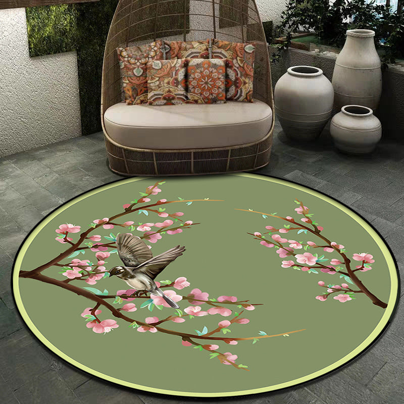 Sikunuo | Vintage Floral Pattern Rug with Bird Green Polyester Rug Machine Washable Non-Slip Rug for Bedroom