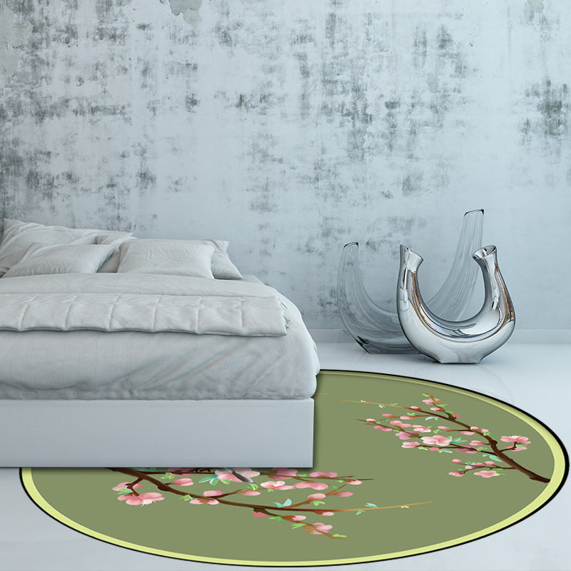 Sikunuo | Vintage Floral Pattern Rug with Bird Green Polyester Rug Machine Washable Non-Slip Rug for Bedroom