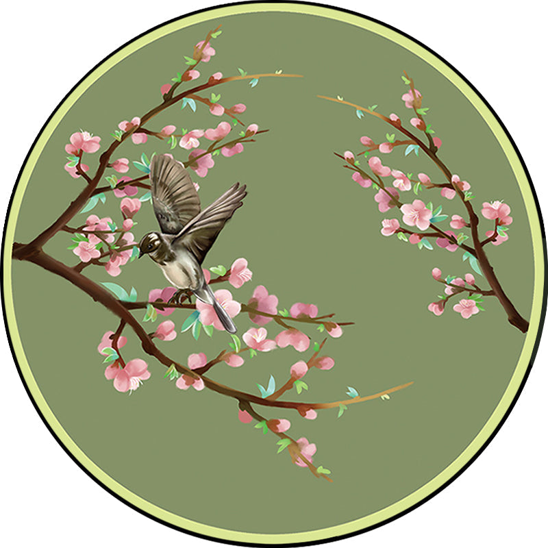 Sikunuo | Vintage Floral Pattern Rug with Bird Green Polyester Rug Machine Washable Non-Slip Rug for Bedroom