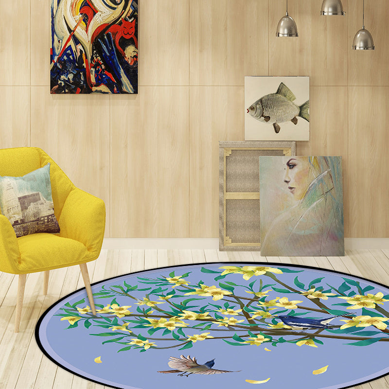 Sikunuo | Unique Flower Pattern Carpet with Bird and Leaf Purple and Yellow Oriental Carpet Polyester Washable Non-Slip Back Area Rug for Bedroom