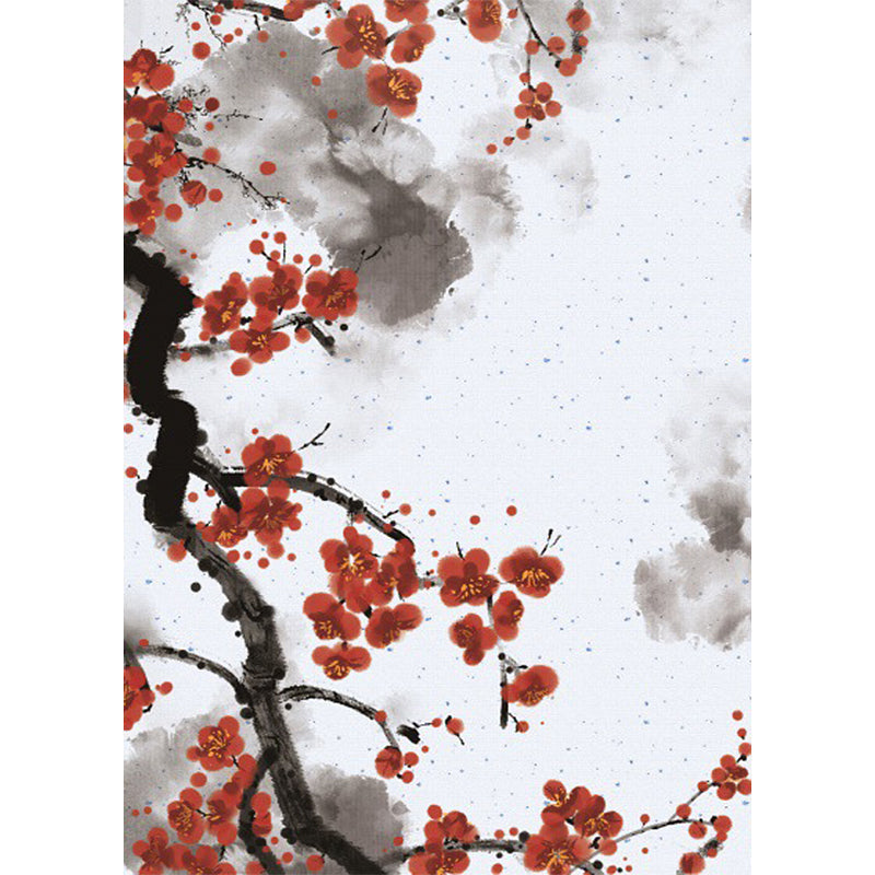 Sikunuo | Red and White Oriental Carpet Polyester Ink Wash Paint Pattern Carpet Washable Nonslip Back Carpet for Bedroom