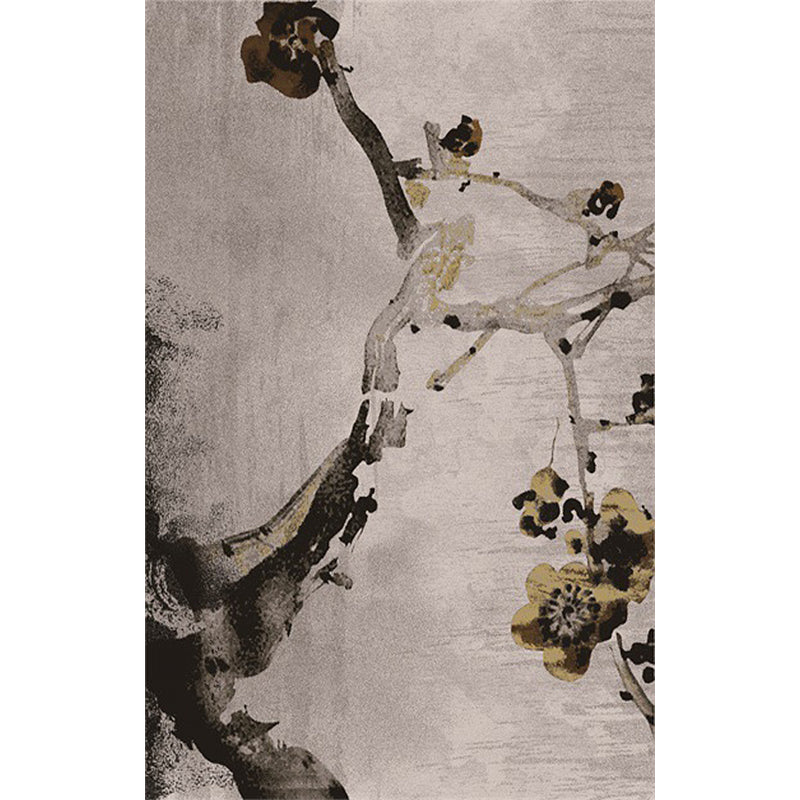 Sikunuo | Retro Ink Wash Painting Rug with Floral Khaki Oriental Carpet Washable Polyester Non-slip Backing Area Rug for Bedroom