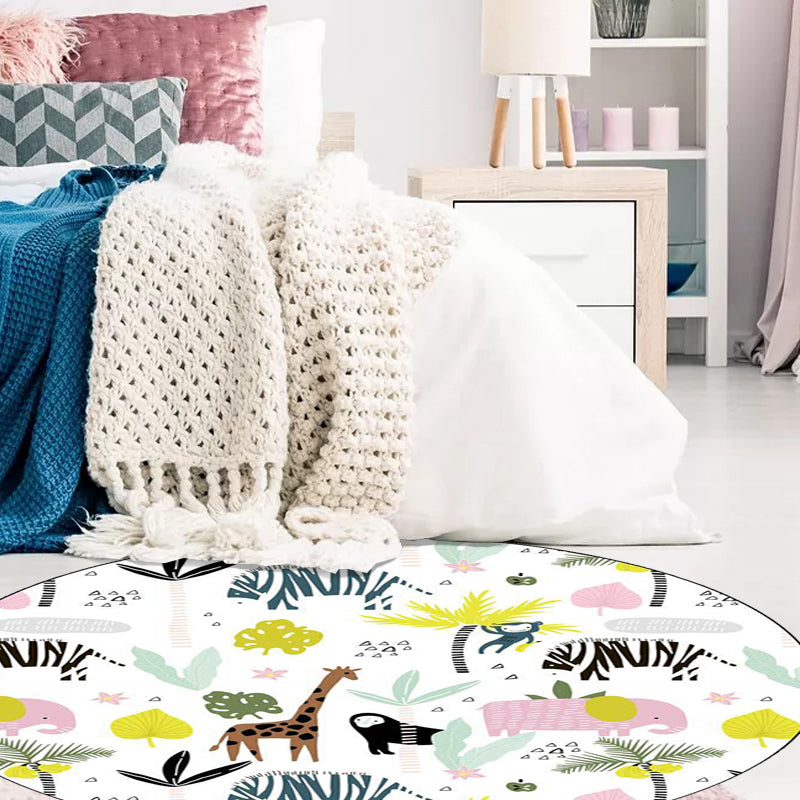 Sikunuo | White Children's Room Rug Kids Animal Giraffe Zebra Elephant Pattern Area Rug Polyester Non-Slip Underlay Rug