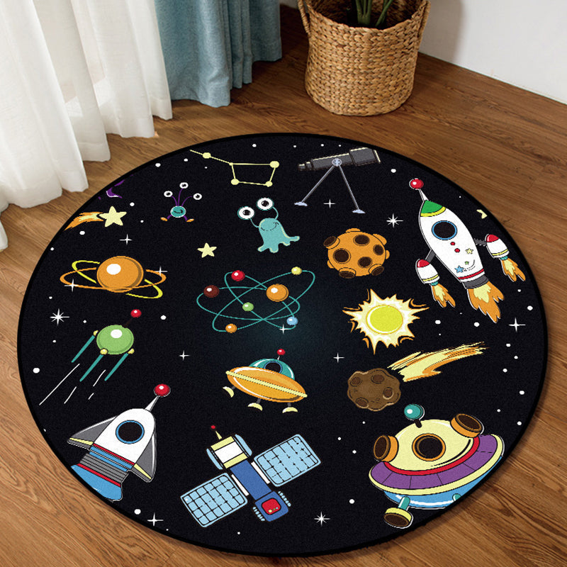 Sikunuo | Unique Children's Carpet in Black Outdoor Space Airplane Planet Star Patterns Carpet Polyester Pet Friendly Area Rug for Children's Room