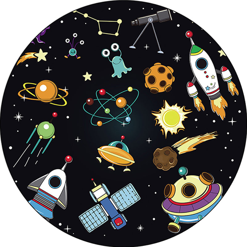 Sikunuo | Unique Children's Carpet in Black Outdoor Space Airplane Planet Star Patterns Carpet Polyester Pet Friendly Area Rug for Children's Room