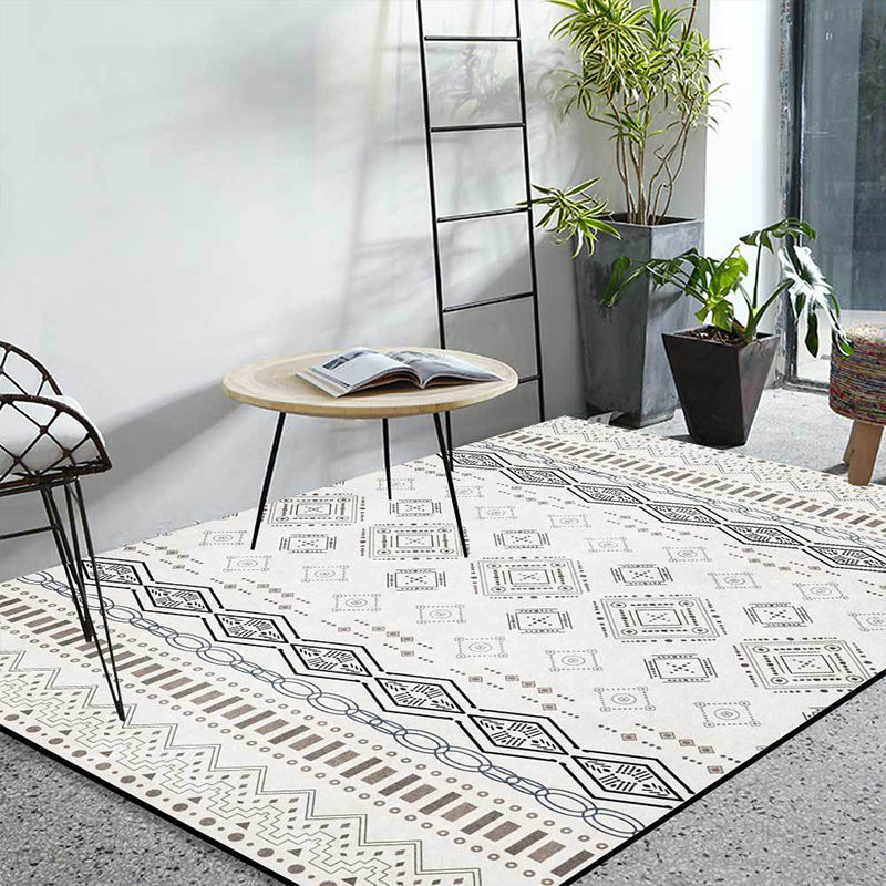 Sikunuo | Classic Geometric Pattern Carpet White Vintage Carpet Polyester Washable Non-Slip Back Carpet for Bedroom