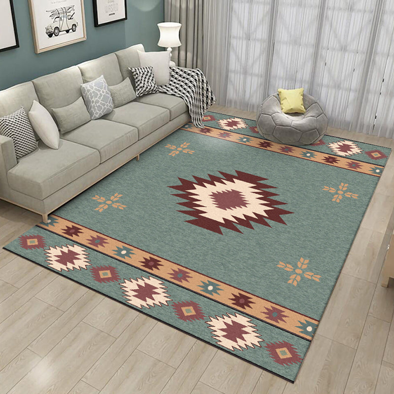 Sikunuo | Green Tribal Rug Polyester Tribal Pattern Rug Washable Non-Slip Underlay Rug for the Living Room