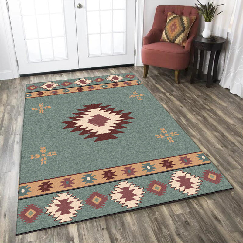 Sikunuo | Green Tribal Rug Polyester Tribal Pattern Rug Washable Non-Slip Underlay Rug for the Living Room