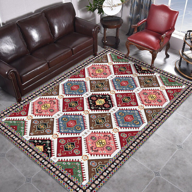 Sikunuo | Traditional Tribal Pattern Carpet Red and Grey Vintage Carpet Polyester Washable Non-slip Back Area Rug for Bedroom