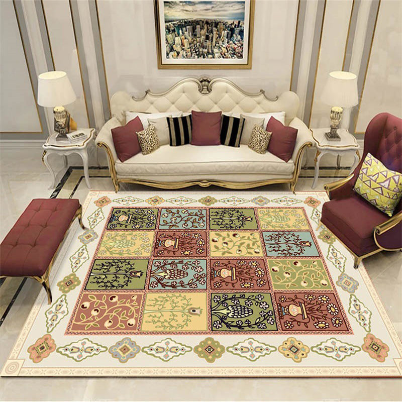 Sikunuo | Persian checkered printed carpet with floral beige polyester carpet machine washable non-slip rug for the living room