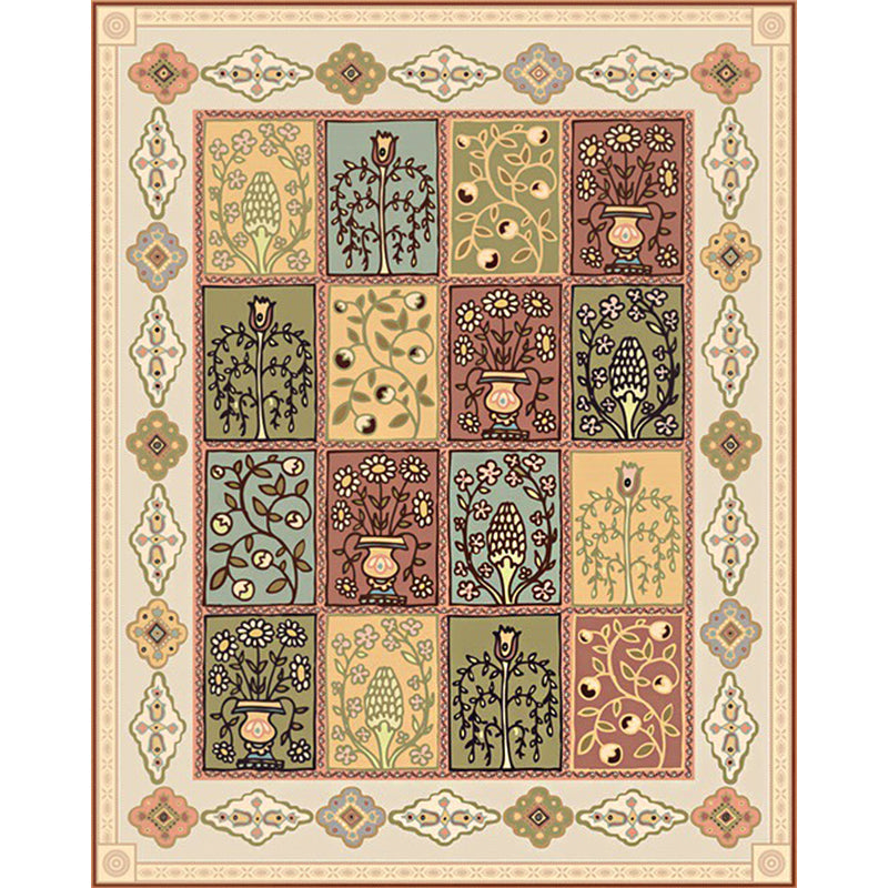 Sikunuo | Persian checkered printed carpet with floral beige polyester carpet machine washable non-slip rug for the living room