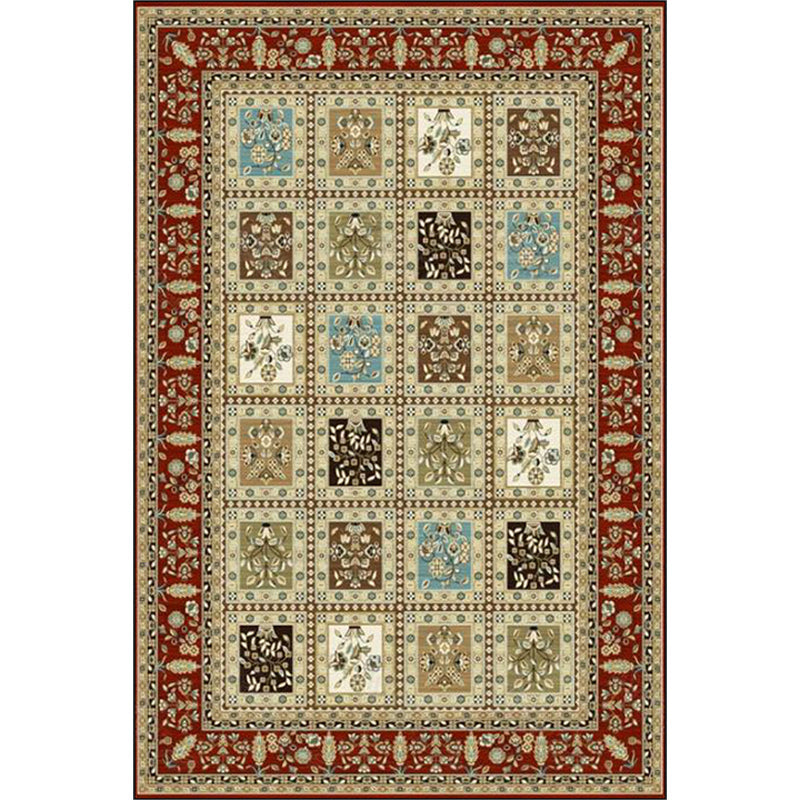 Sikunuo | Red and Beige Moroccan Carpet Polyester Checked and Floral Pattern Carpet Washable Non-Slip Backing Carpet for Living Room