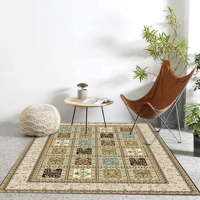 Sikunuo | Red and Beige Moroccan Carpet Polyester Checked and Floral Pattern Carpet Washable Non-Slip Backing Carpet for Living Room